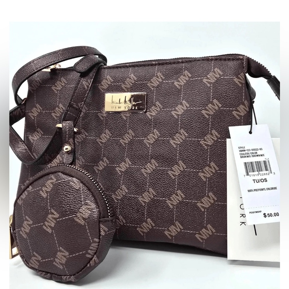 Nicole Miller Signature Print Brown Mix Purse / Shoulder Bag - NWT